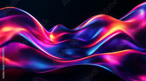 Abstract fluid iridescent holographic curved wave in motion colorful gradient design on black background