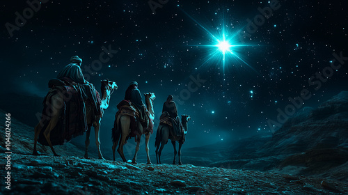 three wise men melchor, gaspar, and baltaza raveling on camels during the night of kings in the desert under the stars