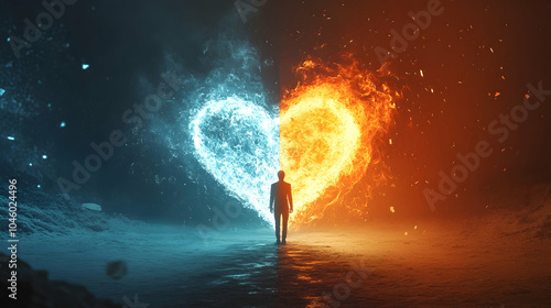 Figure standing between a heart divided by fire and ice, symbolizing the balance between