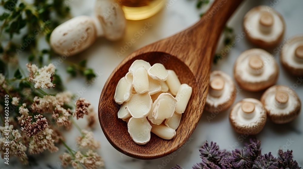 An artistic arrangement of mushrooms and herbs in a wooden spoon, showcasing a culinary delight. Perfect for food photography. An artistic arrangement of mushrooms and herbs in a wooden spoon, showcasing a culinary delight. Perfect for food photography.