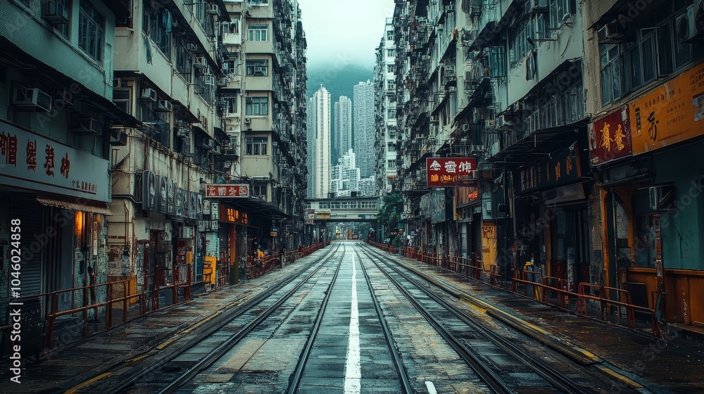 An empty urban street with tram tracks, lined with buildings showcasing a blend of modern and traditional architecture, under a moody sky. An empty urban street with tram tracks, lined with buildings showcasing a blend of modern and traditional architecture, under a moody sky.