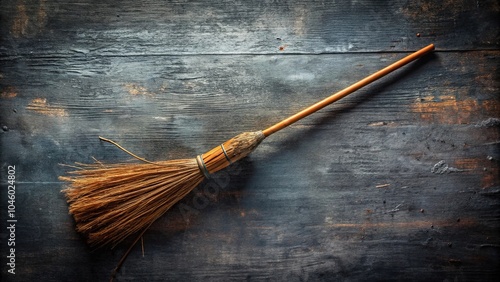 Spooky witch's broomstick decorated for Halloween mischief in mid-air