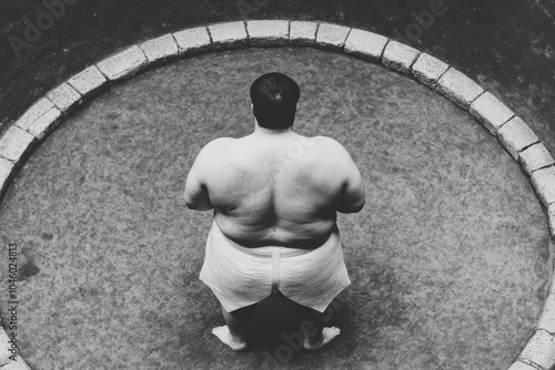 A sumo wrestler stands in a circular ring, preparing for a match. photo