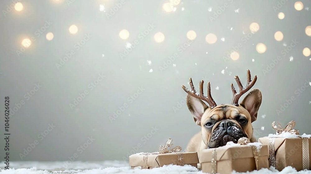 Obraz premium Dog with antlers on head laying in presents in gray background