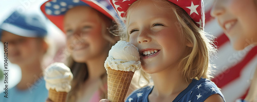 Kids enjoying ice cream cones at a Fourth of July gathering, creating a festive and patriotic