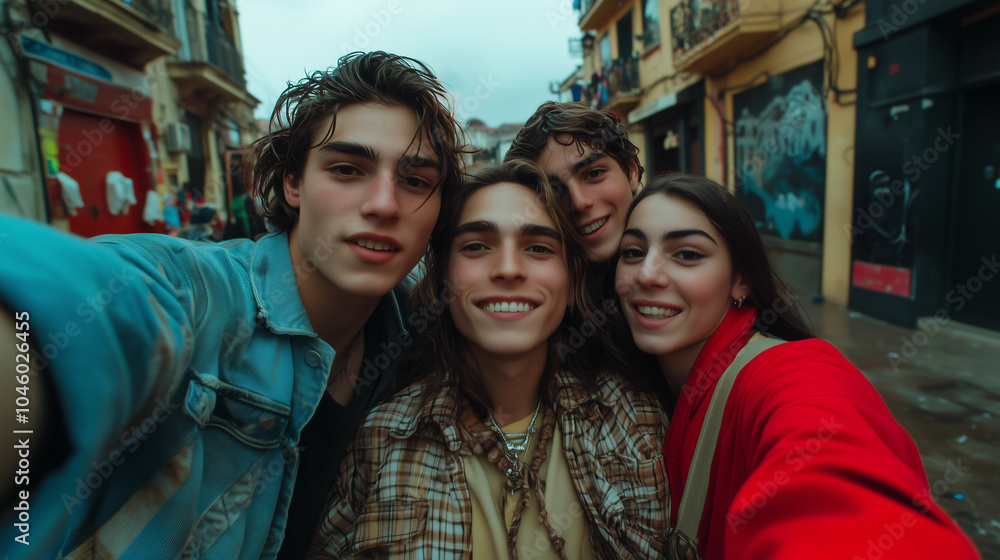 a group of young friends taking a selfie in a casual vintage retro style on an urban street