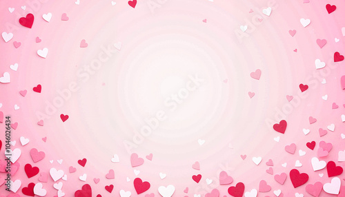 Pink background with scattered red and white heart shapes