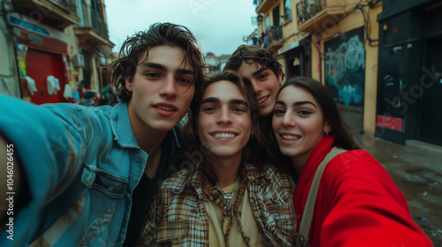 Obraz na płótnie a group of young friends taking a selfie in a casual vintage retro style on an urban street w salonie