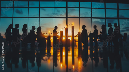 Group of business people silhouettes in modern office building and business network concept. Human resources with pastel innovation charts and graphs with statistics to analyze business