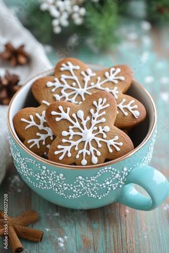 A teal cup filled with snowflake-shaped cookies decorated with icing.