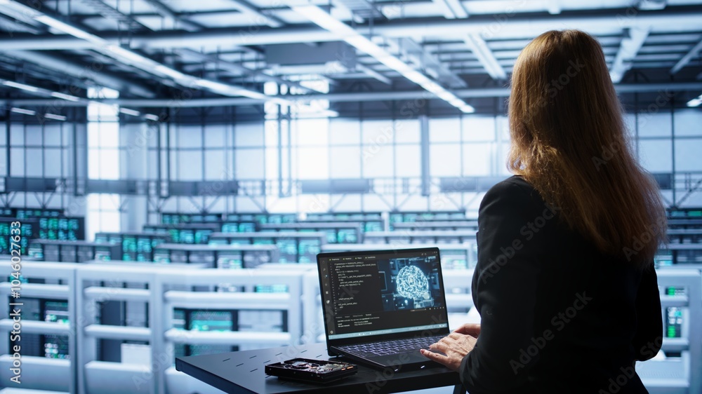 Плакат Engineer in data center using artificial intelligence computing ...