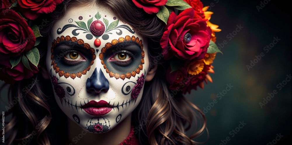 Halloween Makeup Striking woman with artistic skull makeup and floral crown, mesmerizing expression, dark artistic background Halloween Makeup Striking woman with artistic skull makeup and floral crown, mesmerizing expression, dark artistic background