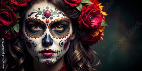 Halloween Makeup Striking woman with artistic skull makeup and floral crown, mesmerizing expression, dark artistic background