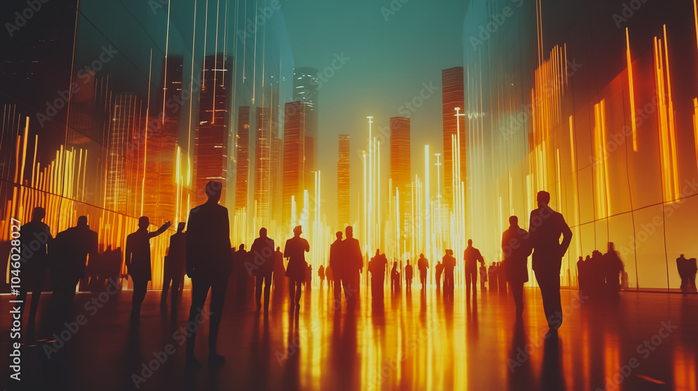 Group of business people silhouettes in modern office building and business network concept. Human resources with pastel innovation charts and graphs with statistics to analyze business Group of business people silhouettes in modern office building and business network concept. Human resources with pastel innovation charts and graphs with statistics to analyze business