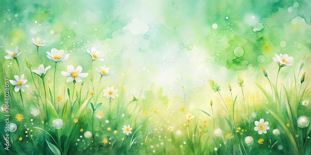 Fototapeta premium Spring abstract background watercolor painting of grass field with white flowers, reflecting green, yellow, and white tones