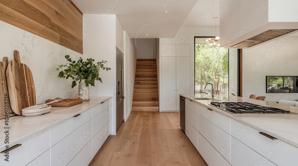 This bright kitchen showcases sleek white surfaces and minimalist design with wood accents, providing an airy and modern atmosphere in a compact space. This bright kitchen showcases sleek white surfaces and minimalist design with wood accents, providing an airy and modern atmosphere in a compact space.