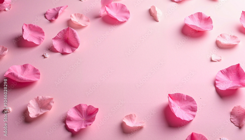 Pink flower petals scattered on light pink background Pink flower petals scattered on light pink background