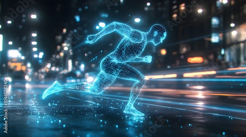 Blue holographic runner sprinting, neon-lit streets of a futuristic metropolis, motion blur, wireframe body glowing with vibrant energy, 3D render