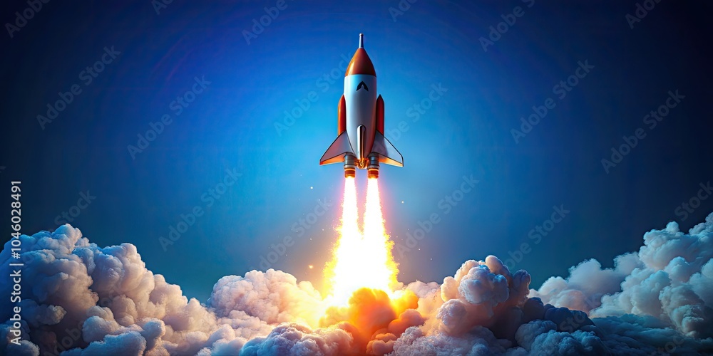 Naklejka premium Transformative ideas emerge, igniting business potential like a rocket soaring into a bright blue sky, inspiring innovation and driving success.
