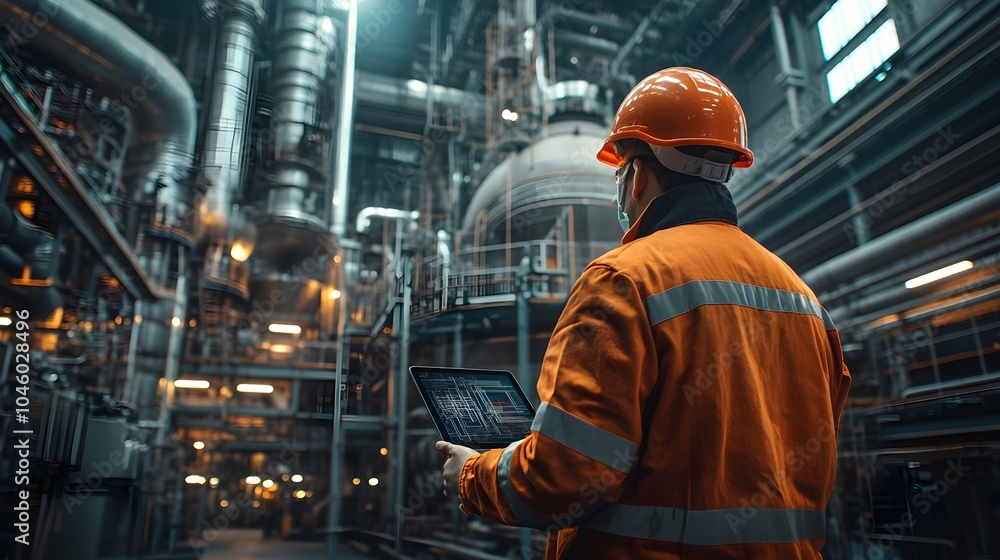 Industrial engineer in a hard hat using a tablet, standing in front of massive factory equipment, digital schematics visible, high-tech facility Industrial engineer in a hard hat using a tablet, standing in front of massive factory equipment, digital schematics visible, high-tech facility