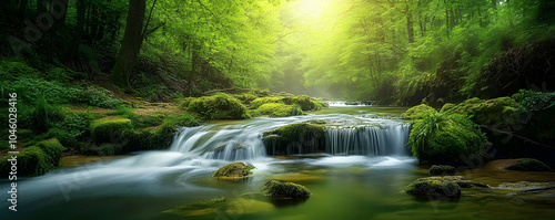 Serene river flowing through a lush green forest, capturing the peacefu