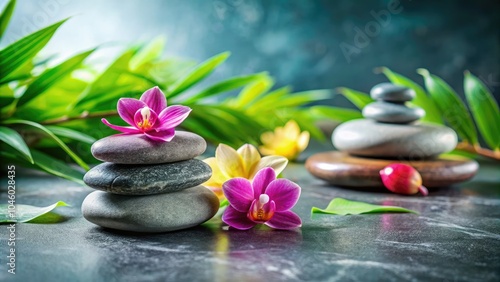 Tranquil spa stone arrangement on a chic grey marble table, creating a calming atmosphere that promotes relaxation, mindfulness, and overall wellness for the body and mind.