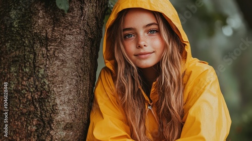 A charming young girl in a yellow raincoat leans against a tree, embracing the rainy day atmosphere with a warm, inviting smile amid the natural setting. photo