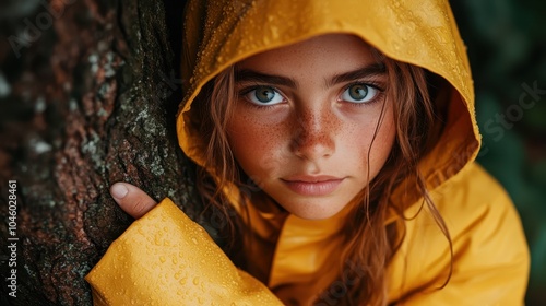 A striking image of a young freckled girl wearing a yellow raincoat, leaning against a tree, exuding youthfulness and candid charm in a rainy setting. photo