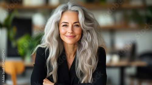 A composed and confident middle-aged woman with long silver hair, wearing a black top, conveying maturity and grace in an office environment.