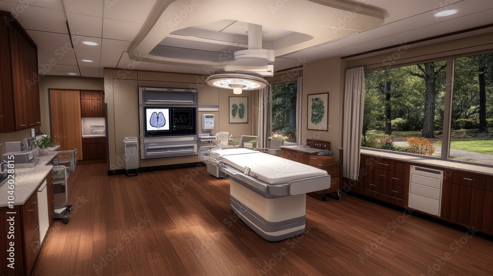 The operating room features advanced medical equipment and monitors showing radiographic images, designed for precision in patient care The operating room features advanced medical equipment and monitors showing radiographic images, designed for precision in patient care