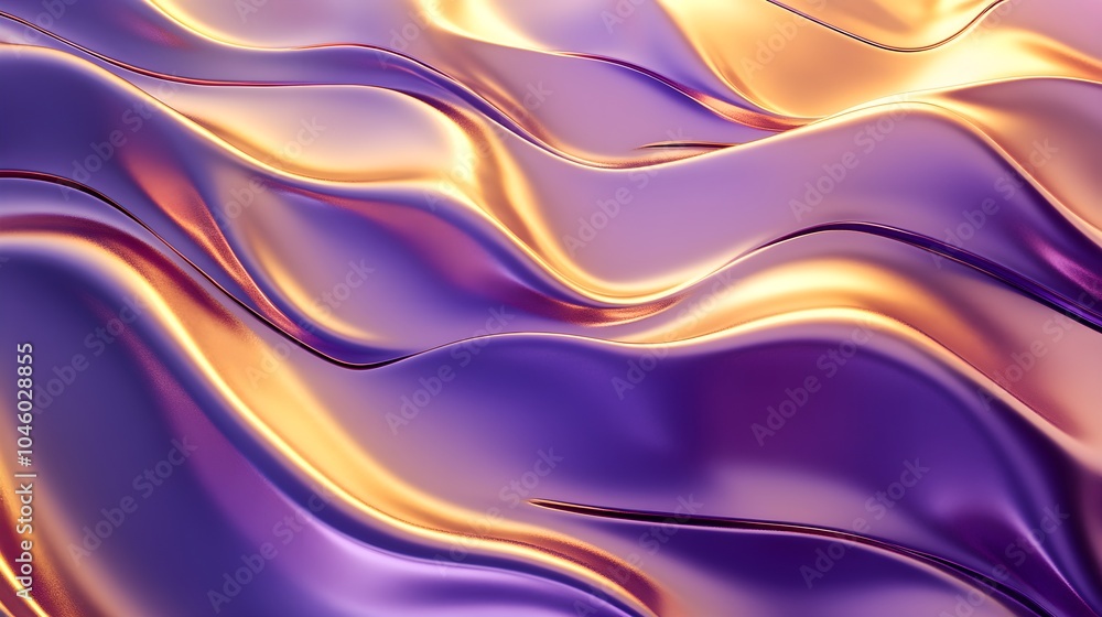 Smooth, wavy golden and purple metallic surfaces, blending and curving in a futuristic 3D design. Glossy texture with striking reflections Smooth, wavy golden and purple metallic surfaces, blending and curving in a futuristic 3D design. Glossy texture with striking reflections