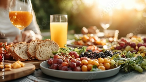 An inviting outdoor brunch table set with orange juice, fresh fruits, and bread slices, beautifully illuminated by the warm glow of early morning sunlight. photo