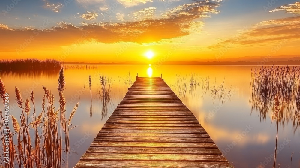Fototapeta premium Tranquil Sunset over Lake, Wooden Pier, Scenic Landscape. Golden Hour, Serene Nature Background.