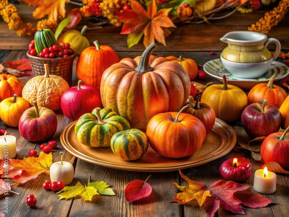 Transform your Thanksgiving table with charming pumpkins, vibrant apples, and colorful autumn leaves, creating a warm and inviting atmosphere for your seasonal celebration. Transform your Thanksgiving table with charming pumpkins, vibrant apples, and colorful autumn leaves, creating a warm and inviting atmosphere for your seasonal celebration.