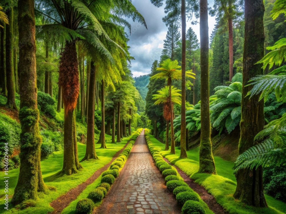 Obraz premium Tropical Park Alley on Sao Miguel Island Azores with Lush Forest, Moss and Majestic Trees and Palms