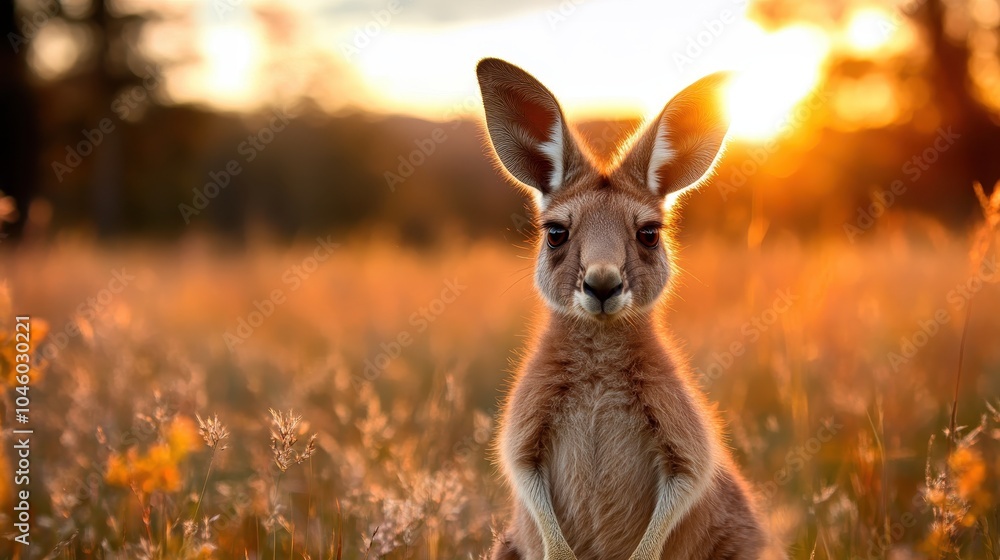 A young kangaroo looks curiously into the camera while basking in the warm glow of sunset, surrounded by rich golden tones, evoking joy and playfulness. A young kangaroo looks curiously into the camera while basking in the warm glow of sunset, surrounded by rich golden tones, evoking joy and playfulness.