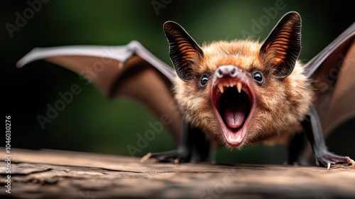 A bat sits with an open mouth on a wooden surface, ears perked up and eyes wide, drawing attention to its expressive features in sharp focus.