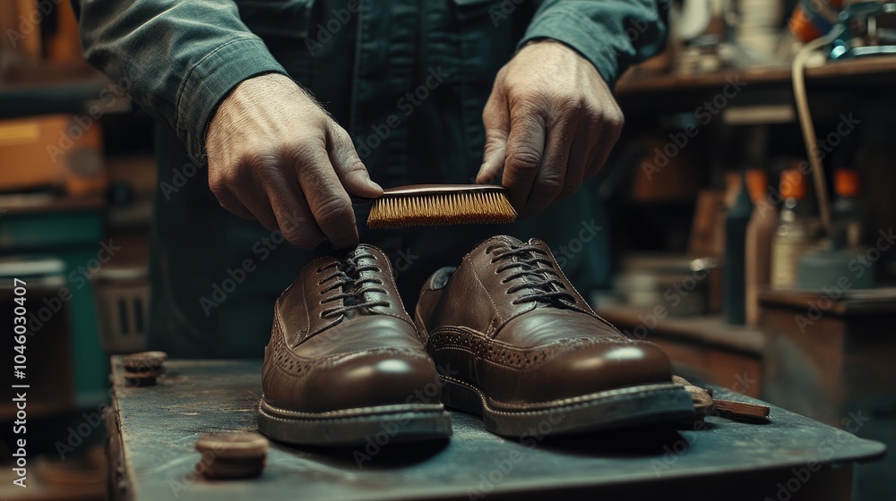 A man is cleaning a pair of leather shoes. This photo is perfect for illustrating shoe repair, maintenance, or leather care. A man is cleaning a pair of leather shoes. This photo is perfect for illustrating shoe repair, maintenance, or leather care.