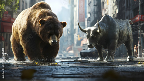 3D bear and bull in urban setting representing 