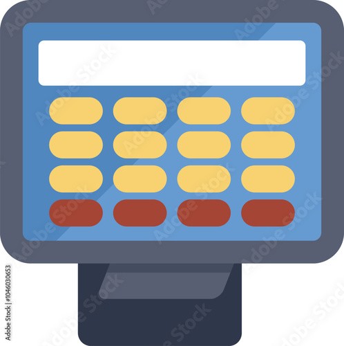 Electronic cash register with blank receipt for entering purchase amount is standing on counter