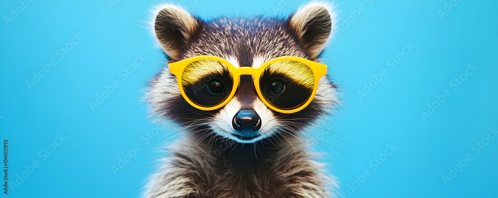 Fototapeta premium A cool raccoon sporting sunglasses against a bright blue backdrop