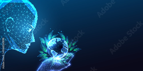 Sustainable development concept with AI robotic head holding Earth with leaves on blue background.