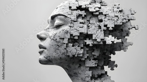 Abstract stone head sculpture of a woman, puzzle pieces in motion, representing mental synchronization, minimalist aesthetic, grayscale tones, digital 3D render