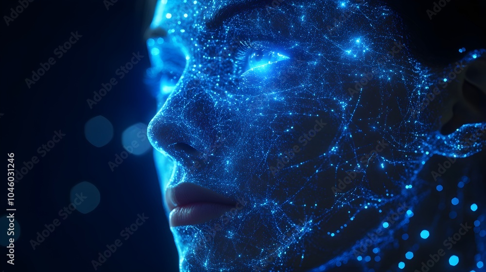 AI-driven human head with neural pathways glowing in bright blue, symbolizing thought and data integration, futuristic, cyberpunk, holographic design, metallic textures AI-driven human head with neural pathways glowing in bright blue, symbolizing thought and data integration, futuristic, cyberpunk, holographic design, metallic textures