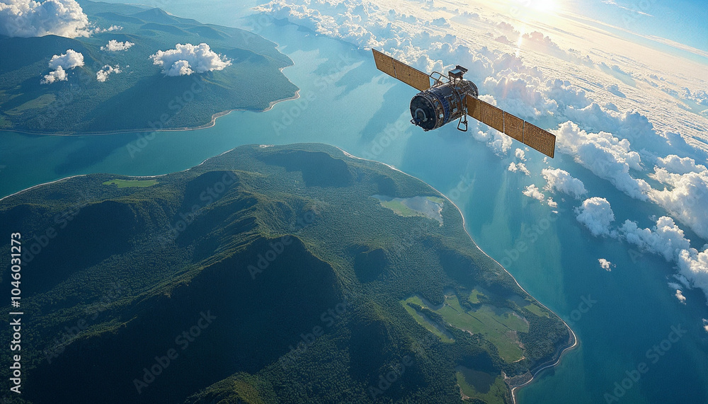 Naklejka premium A satellite orbits Earth, revealing vibrant landscapes of forests, rivers, and oceans.