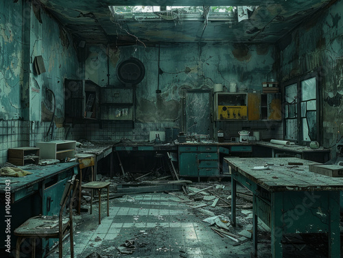 A very dark laboratory destroyed with debre. Generative AI