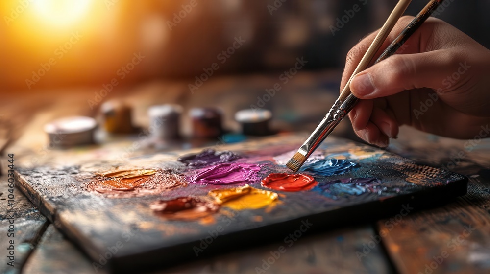 Obraz premium Art class painting, vibrant colors, creative process, studio setting, inviting