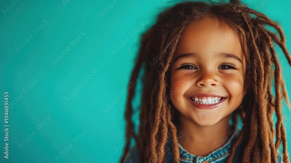 A delightful child with long dreadlocks smiles warmly, showcasing natural beauty, innocence, and happiness against a vivid blue background in this lively portrait. A delightful child with long dreadlocks smiles warmly, showcasing natural beauty, innocence, and happiness against a vivid blue background in this lively portrait.
