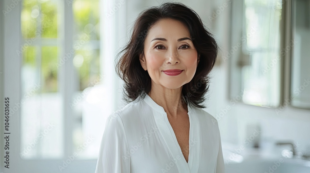 A woman smiles in a bathroom. The photo is perfect for websites and brochures about beauty, aging, or healthcare. A woman smiles in a bathroom. The photo is perfect for websites and brochures about beauty, aging, or healthcare.