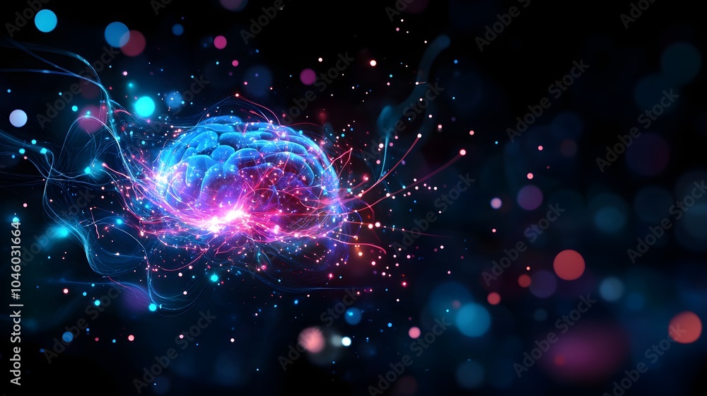 Obraz premium Brainwaves and data streams radiating from a young mind, symbolizing cognitive engagement in the digital age. Abstract, digital art, blue and purple hues, glowing effects